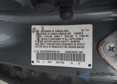 2012 Honda Civic Ex-L z USA, uszkodzony, nr VIN 2HGFB2F90CH547163